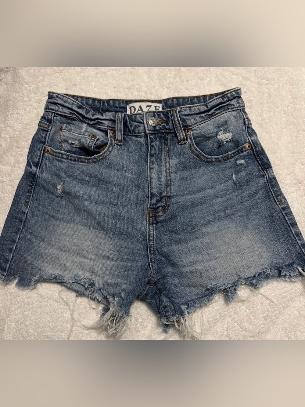 DAZE Tough Love High-Rise Medium Blue Distressed Denim Shorts